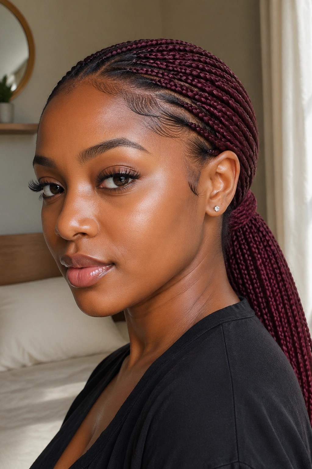 Close-up portrait of a real woman with a sleek wine-red braided low ponytail at the nape in warm natural light