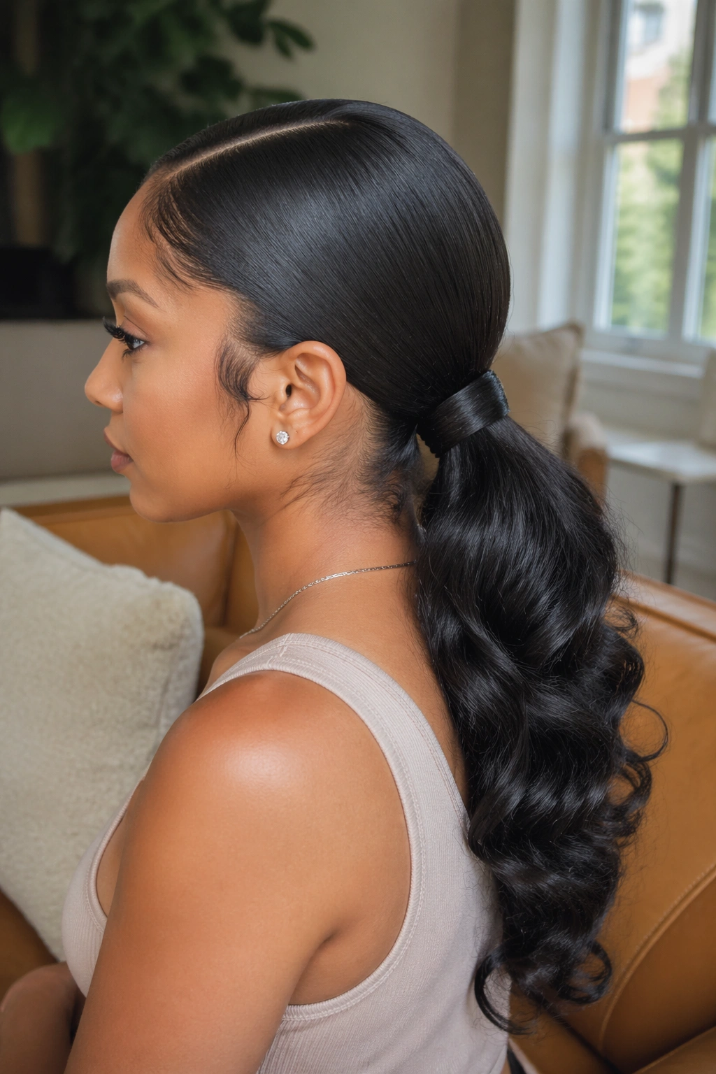 Medium close-up of a real woman with a low wrapped ponytail and soft curls
