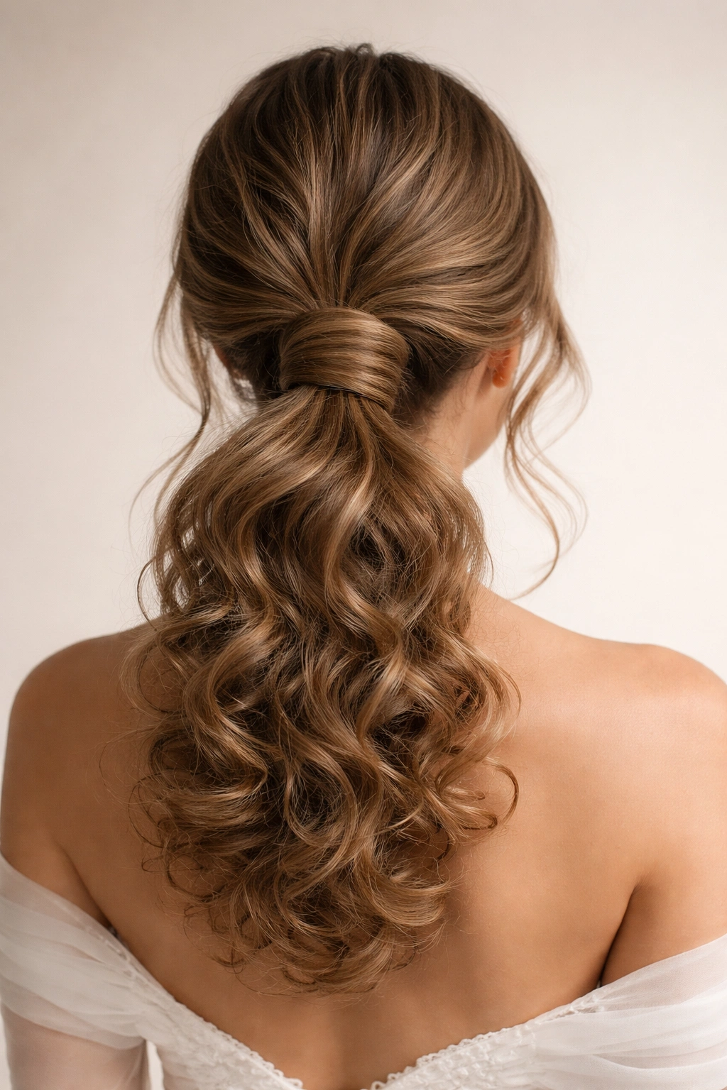Low curly ponytail with chignon-like wrap at the base