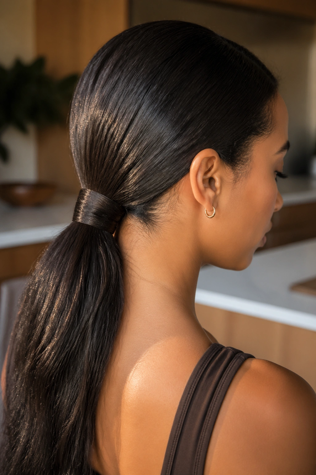 Back/side view of a real woman with a low ponytail wrapped at the nape