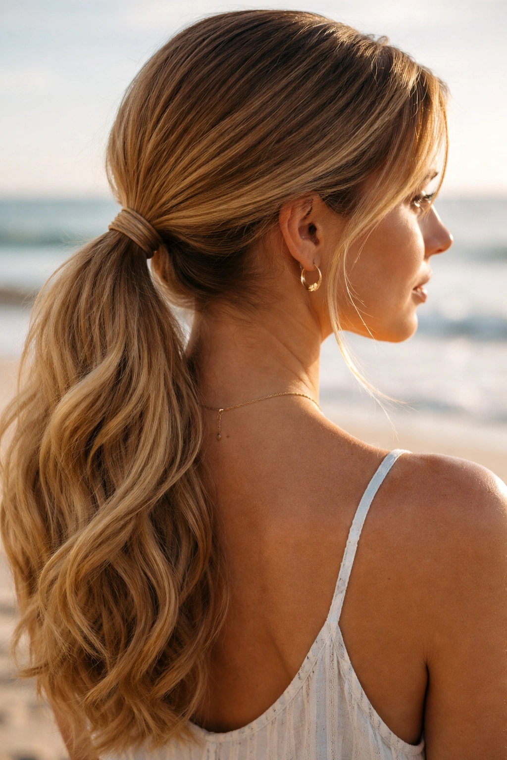 Close-up of a real woman with a classic low pony and wrapped strand on a sunlit beach