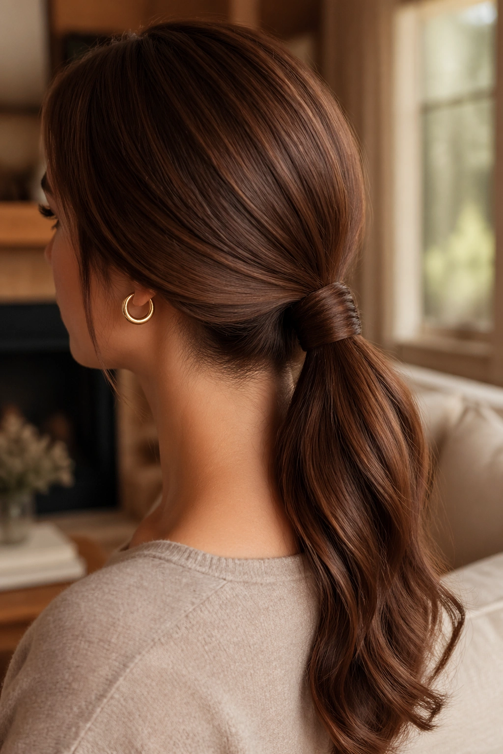 Close-up of a real woman with a low chestnut ponytail wrapped at the base