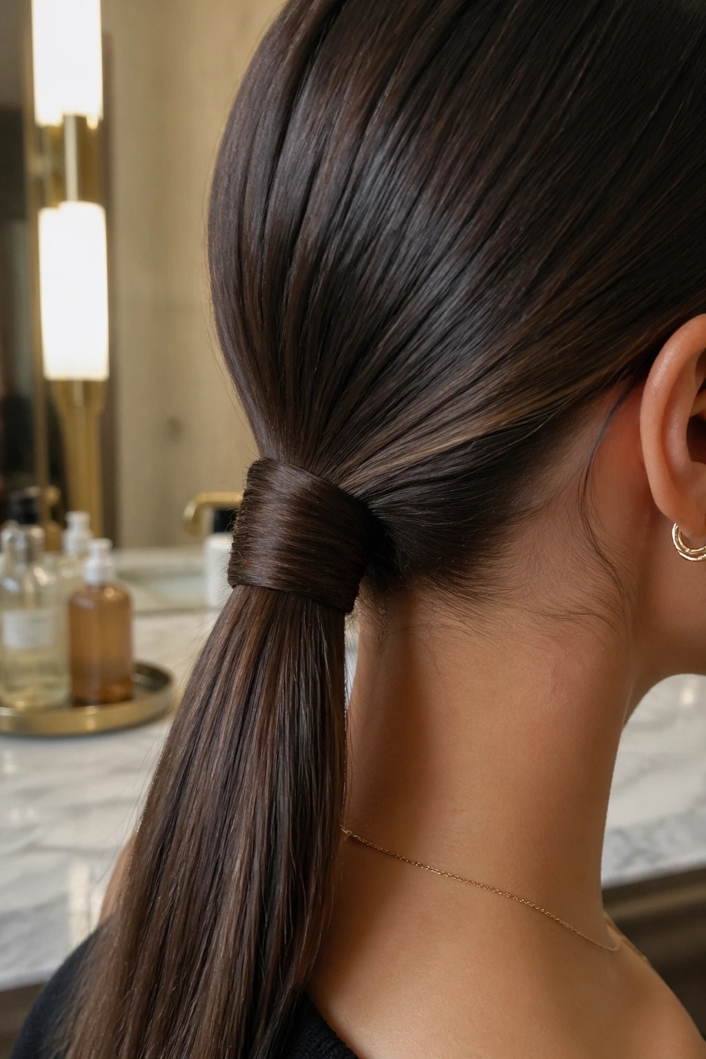 Close-up of wrapped base ponytail at nape