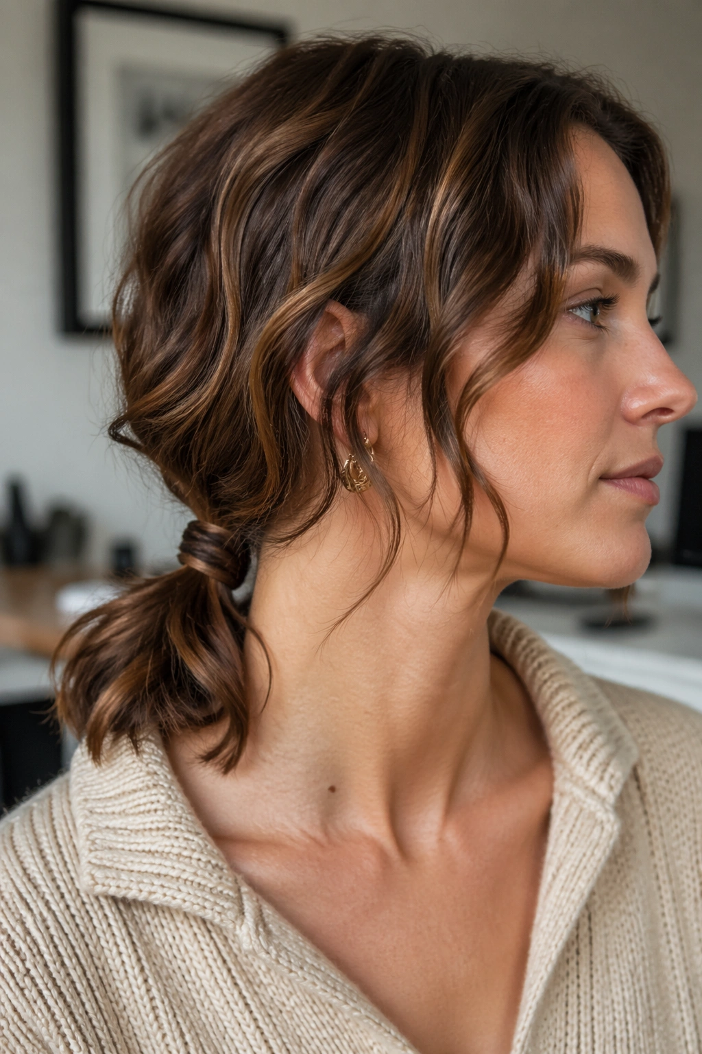 Close-up of a real woman with a low ponytail and wrapped hair tie