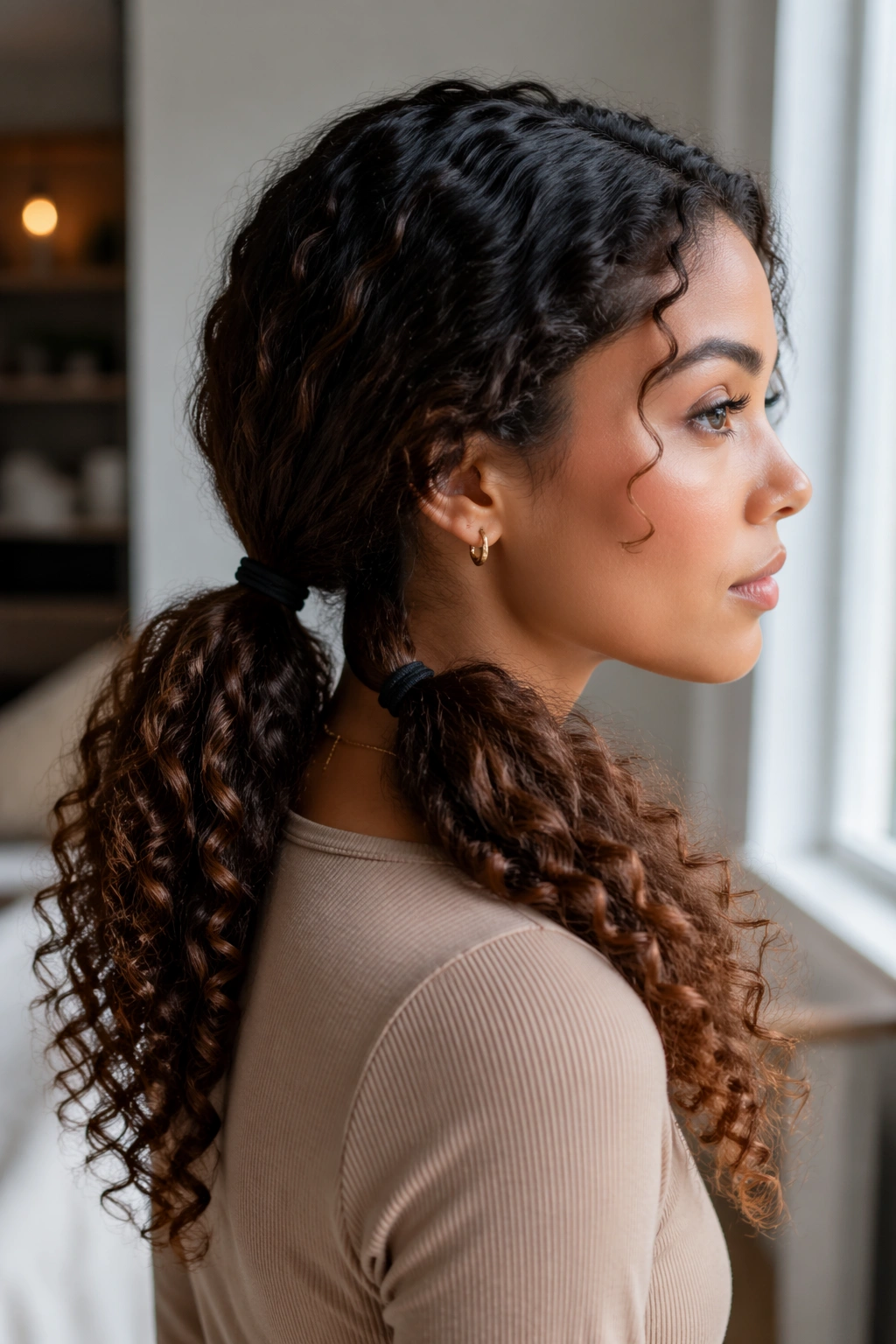 Close-up of a woman with low double ponytails at the nape