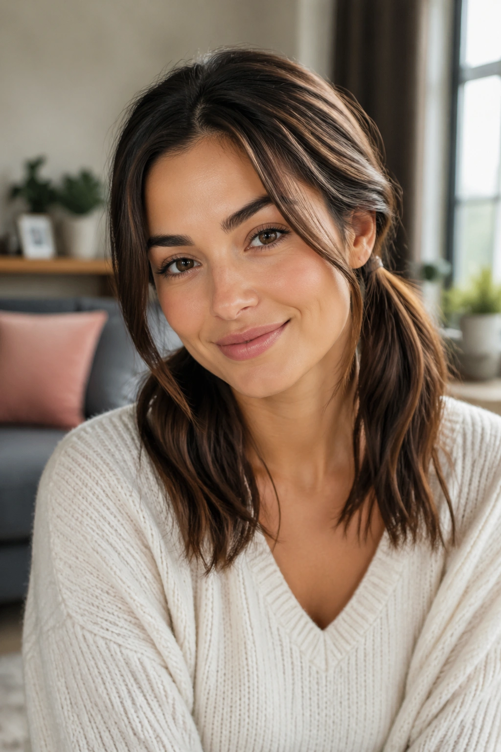 Close-up portrait of a woman with soft low double ponytails at the nape