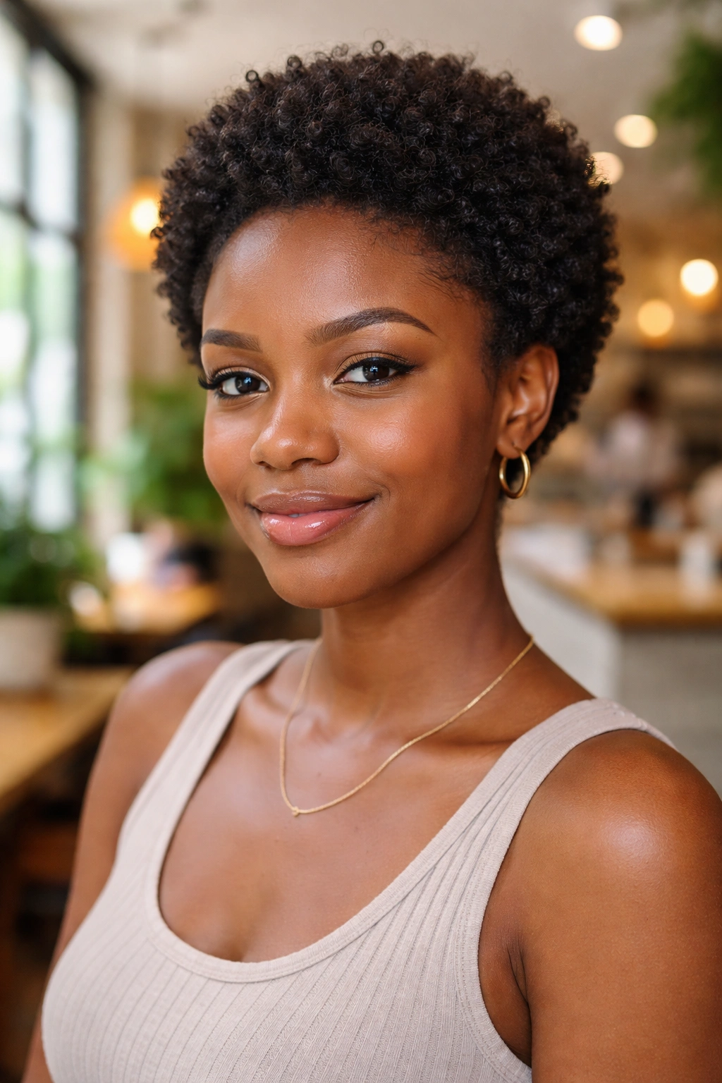 Real person with a low-profile everyday small afro in a bright everyday setting.
