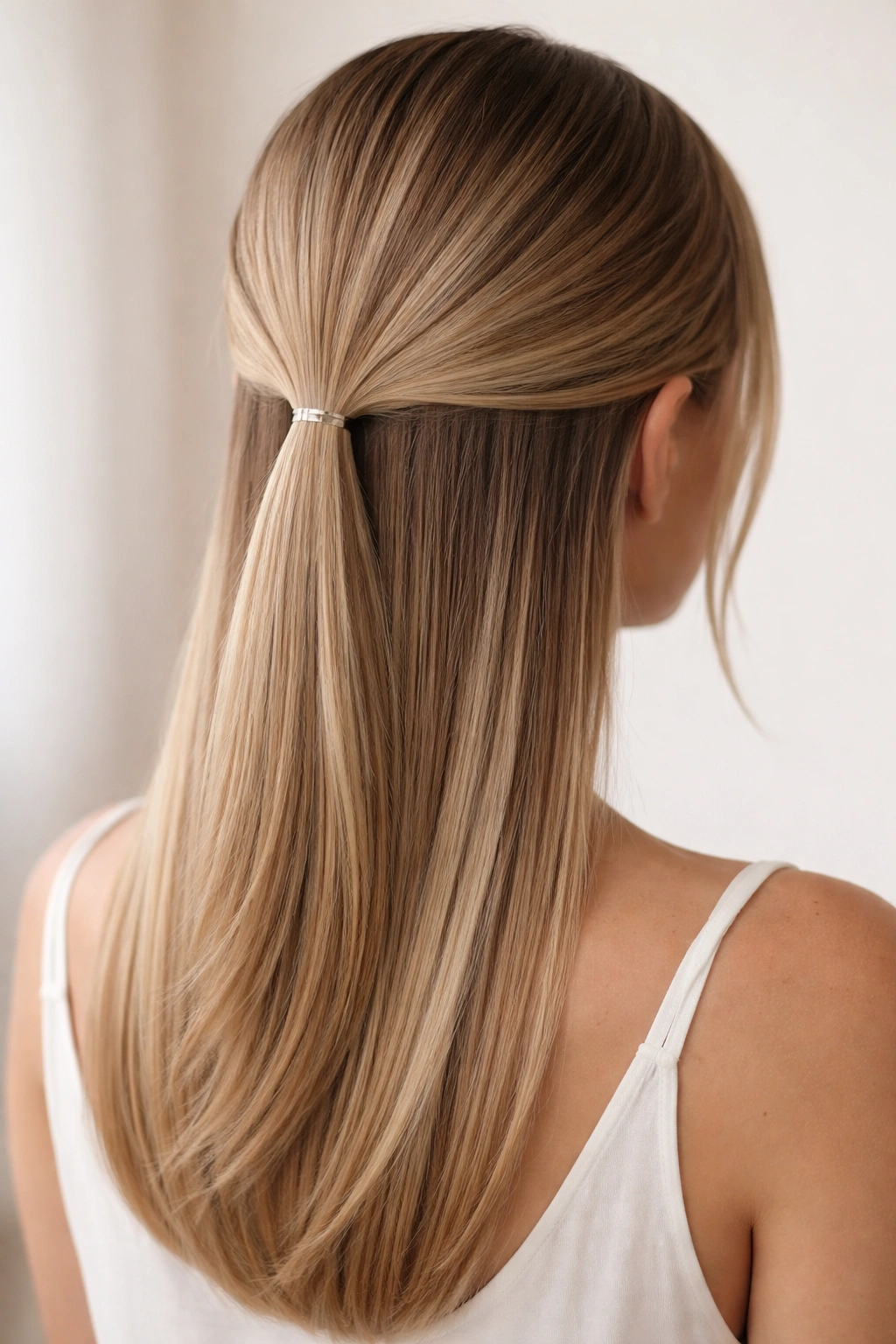 Very low half-ponytail at the nape secured with a clear elastic.