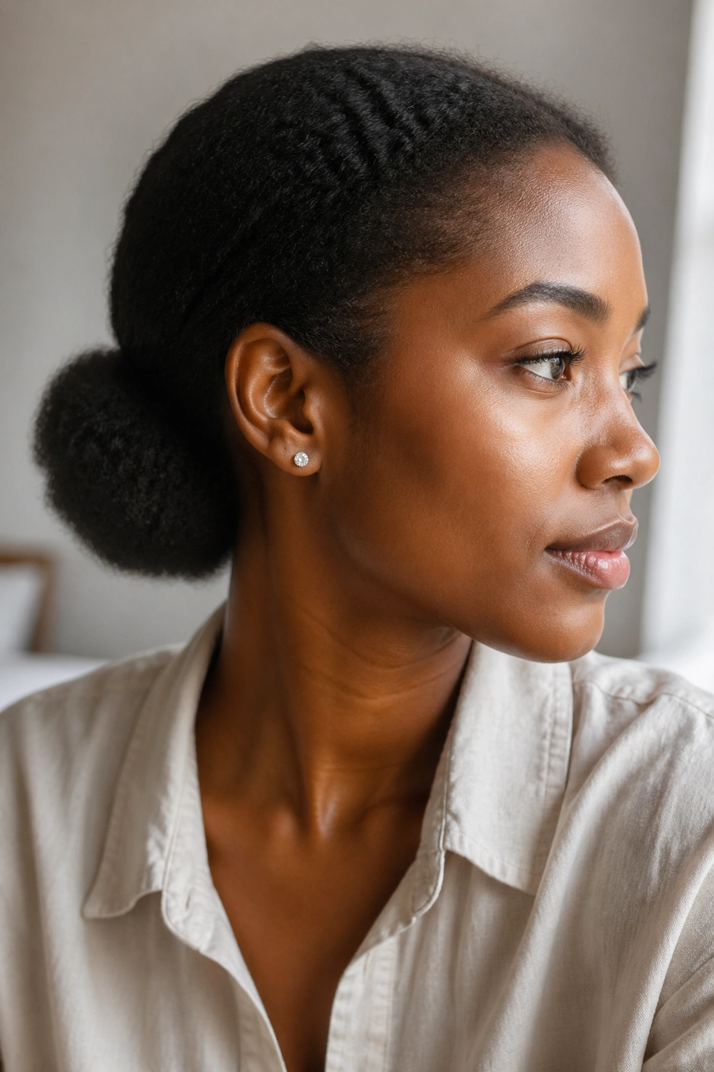 Close-up of a woman with a low puff at the nape of the neck