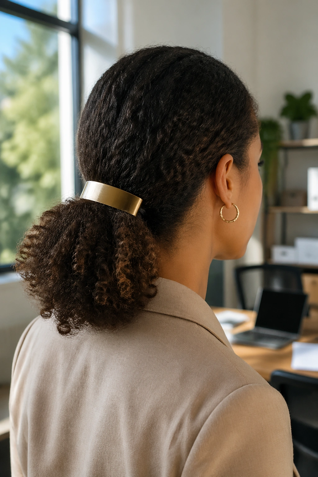 Back three-quarter view of a real person with a low puff and strong grip barrette