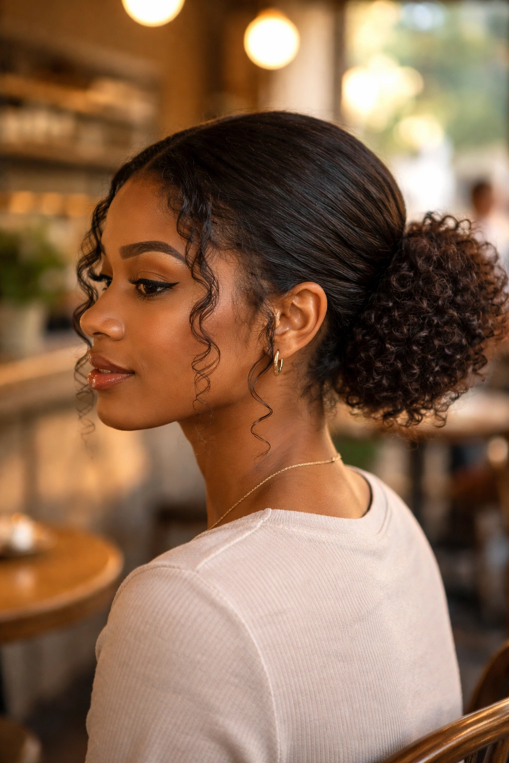 Close-up of a real woman with a low puff bun at the nape and temple curls, in warm light