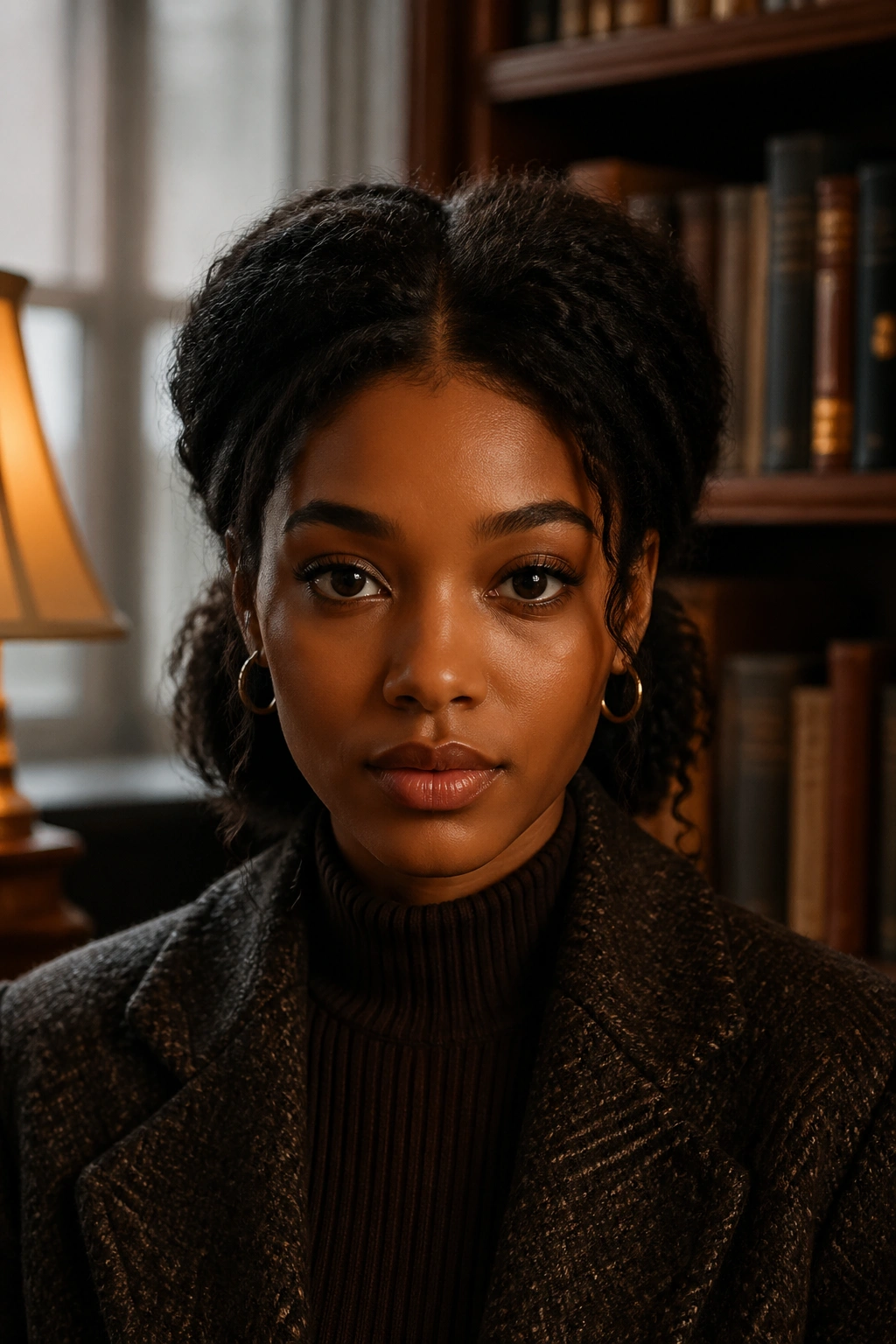 Portrait of woman with low crown puff and center part in library lighting