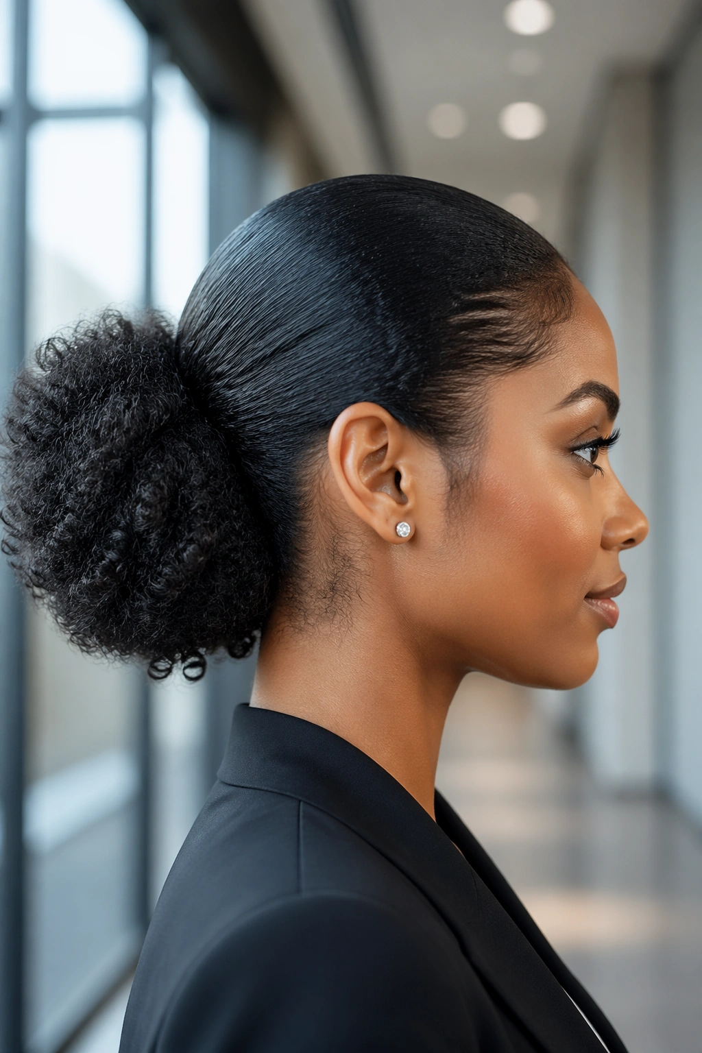 Side-profile of a Black woman with a smooth crown and low puff
