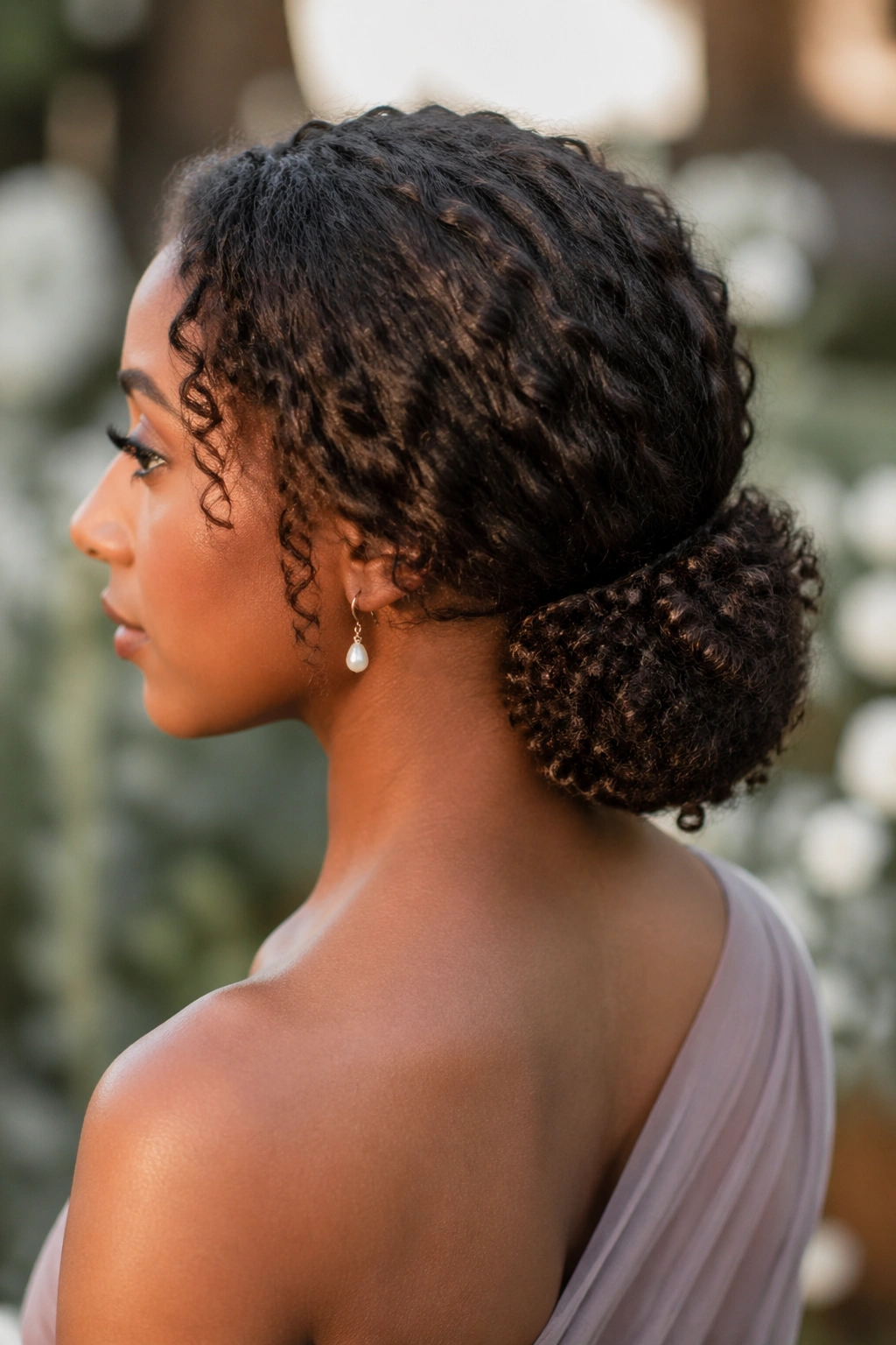 Close-up of a real woman with a low nape curly puff.