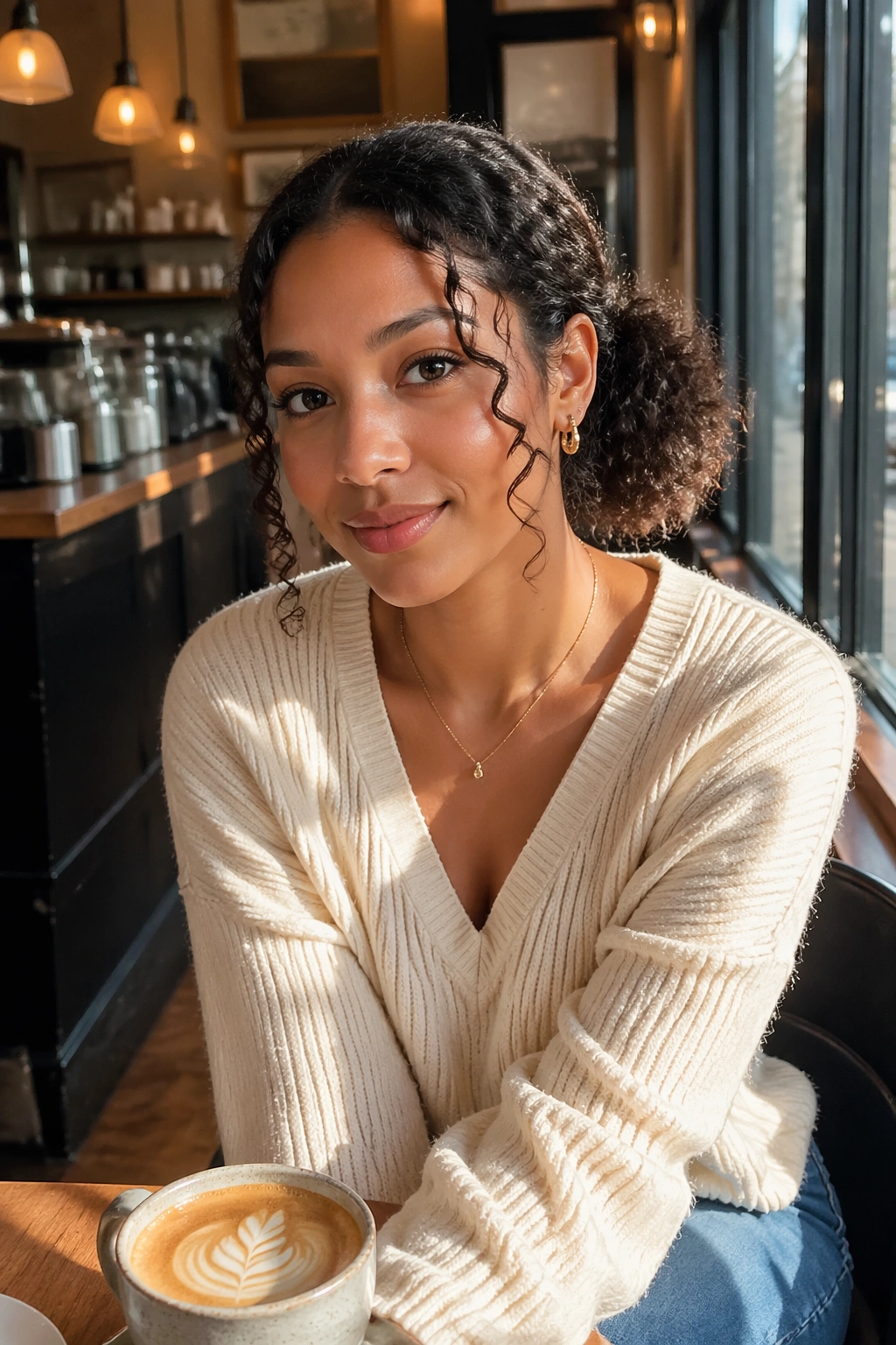 Low puff hairstyle with face-framing pieces in cafe setting.