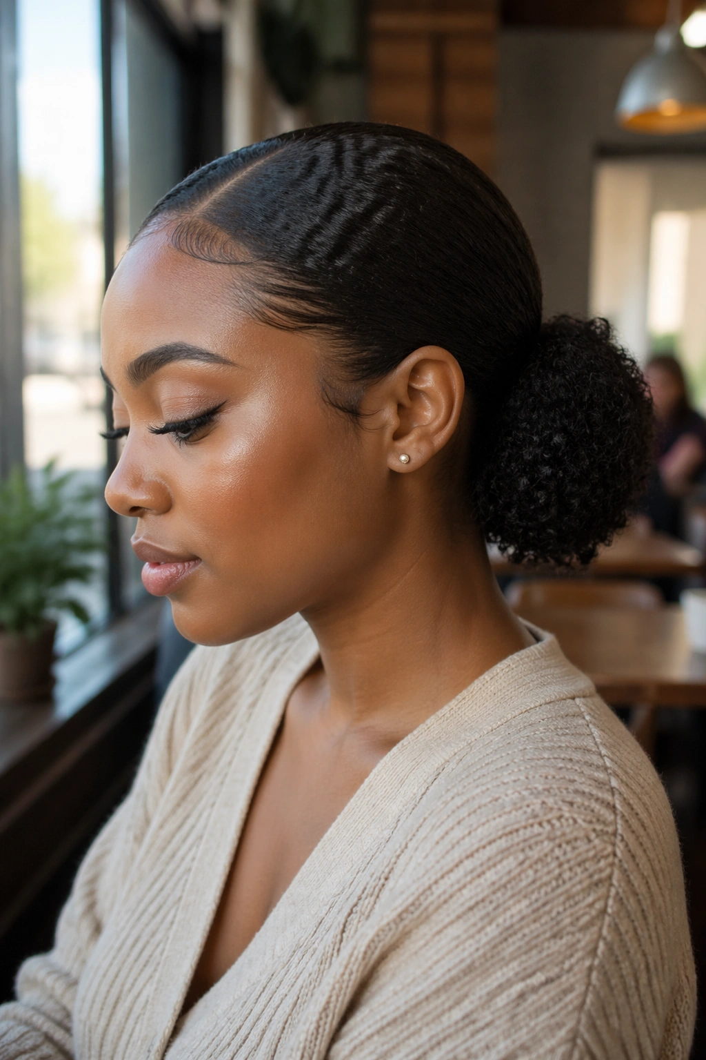 Close-up portrait of a real woman with a low puff at the nape