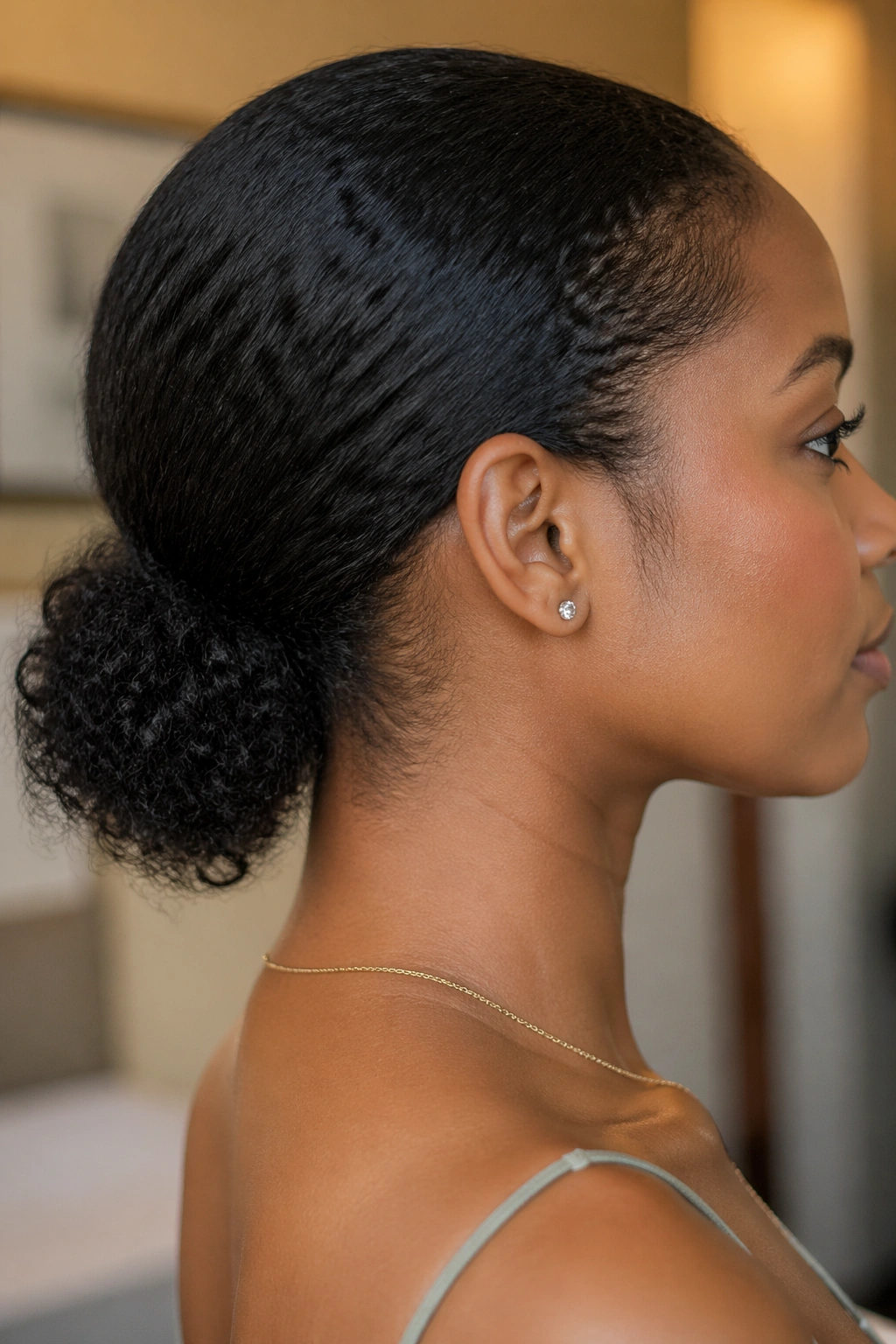 Profile shot of a real woman with a low puff at the nape under warm indoor light