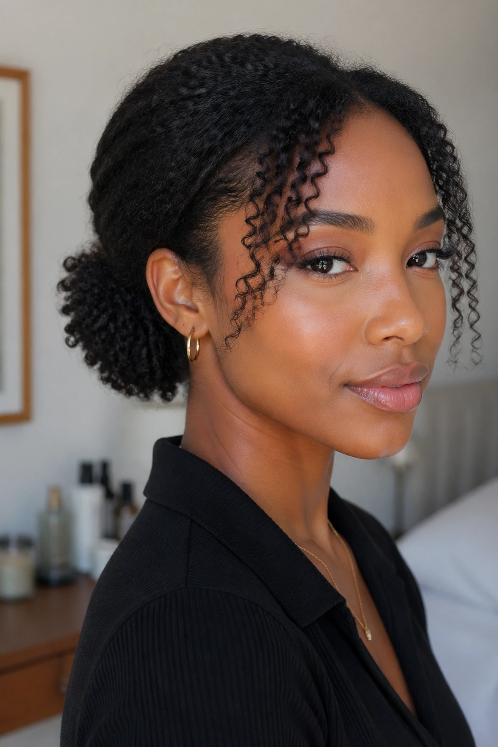 Close-up of a real woman with a low puff at the nape
