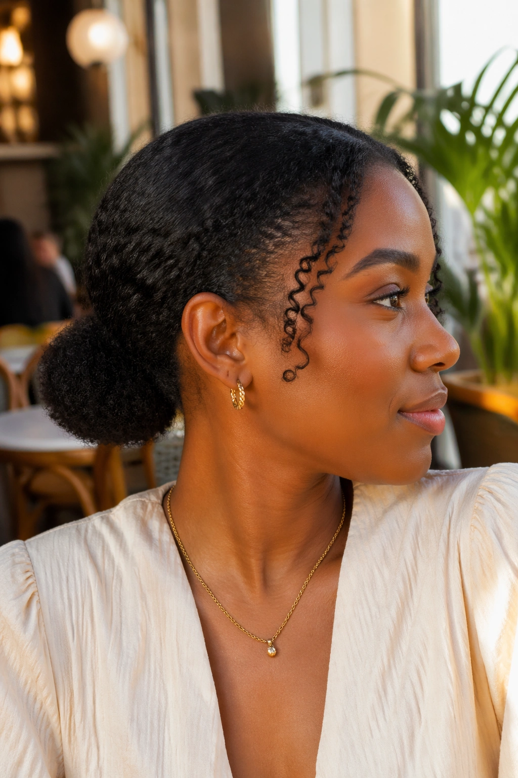 Close-up of a Black woman with a low puff ponytail at the nape in cafe light.