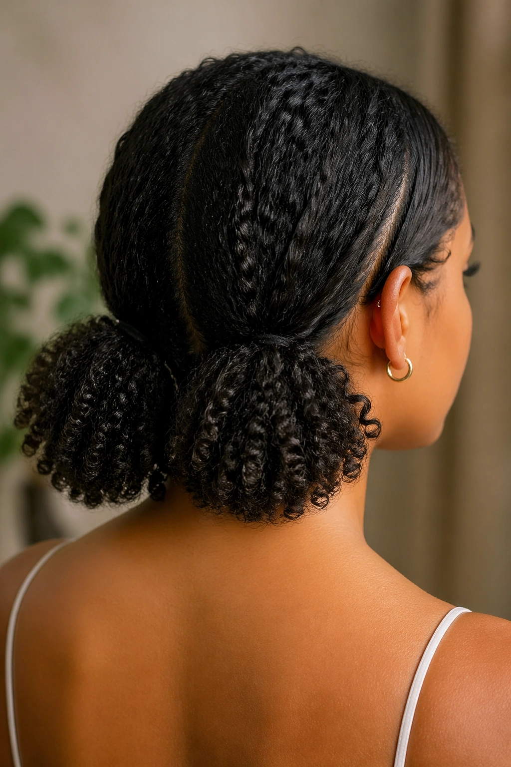 Real woman with two low puff ponytails at the nape