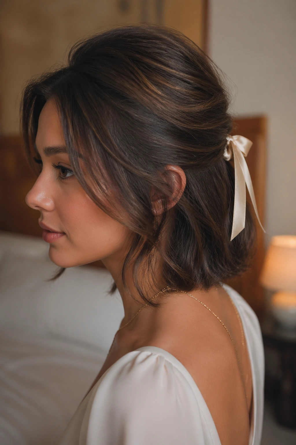 Close-up of low puff half-up with a satin tie on short hair.