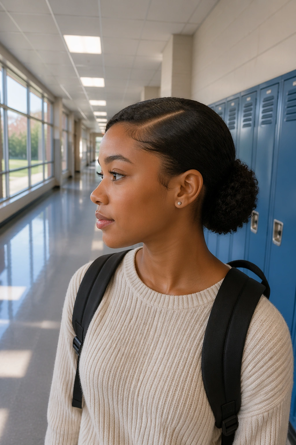 Girl with low puff and side part in a school hallway