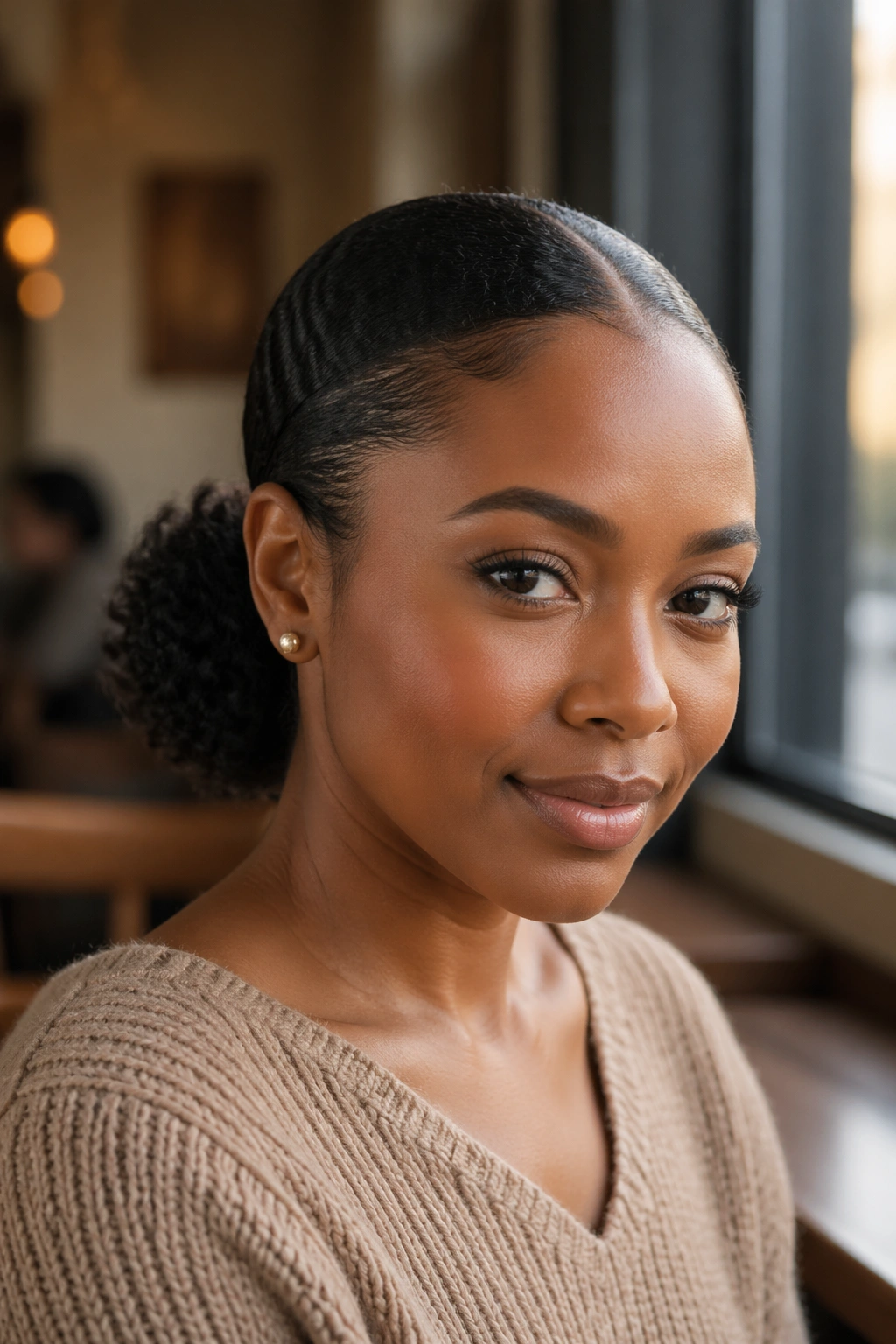Close-up of real Black woman with low puff and slicked sides indoors