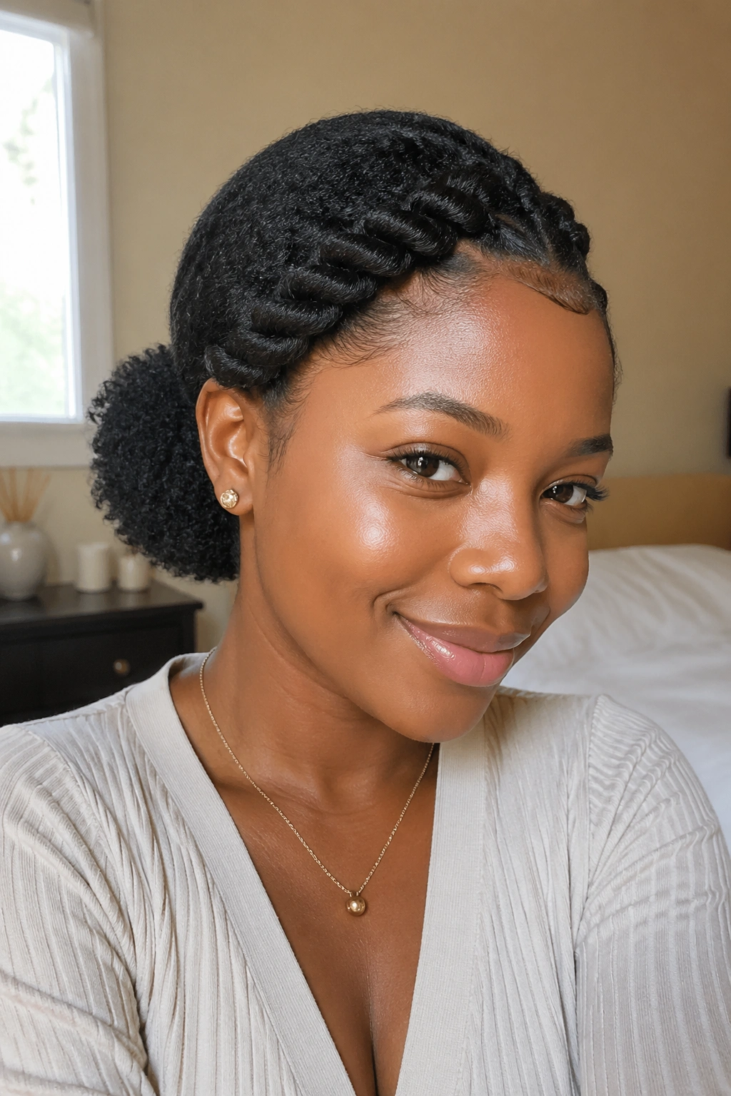 Close-up of a real woman with a low puff and twisted front hairstyle