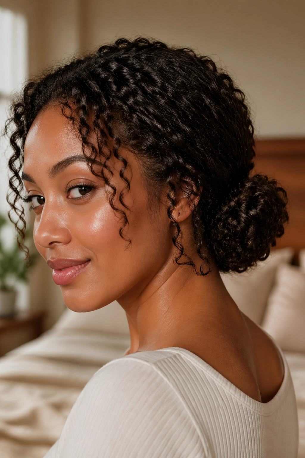 Close-up of a woman with a low puff roll-up at the back