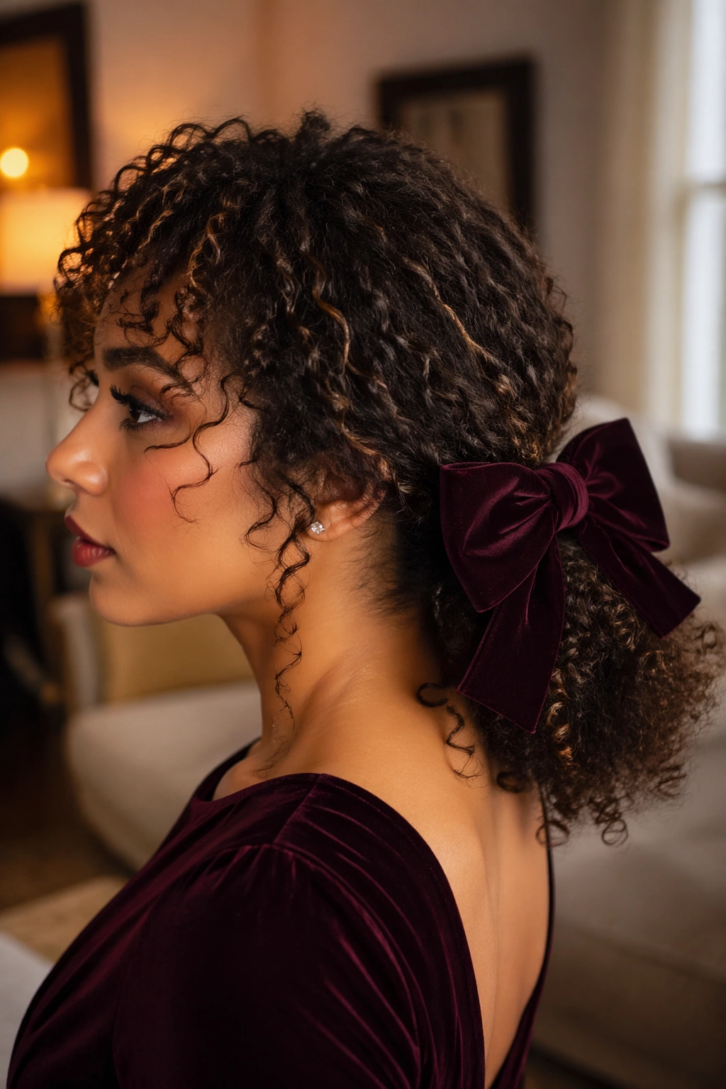 Close-up of a real woman with a low puff ponytail and oversized velvet bow on curly hair.