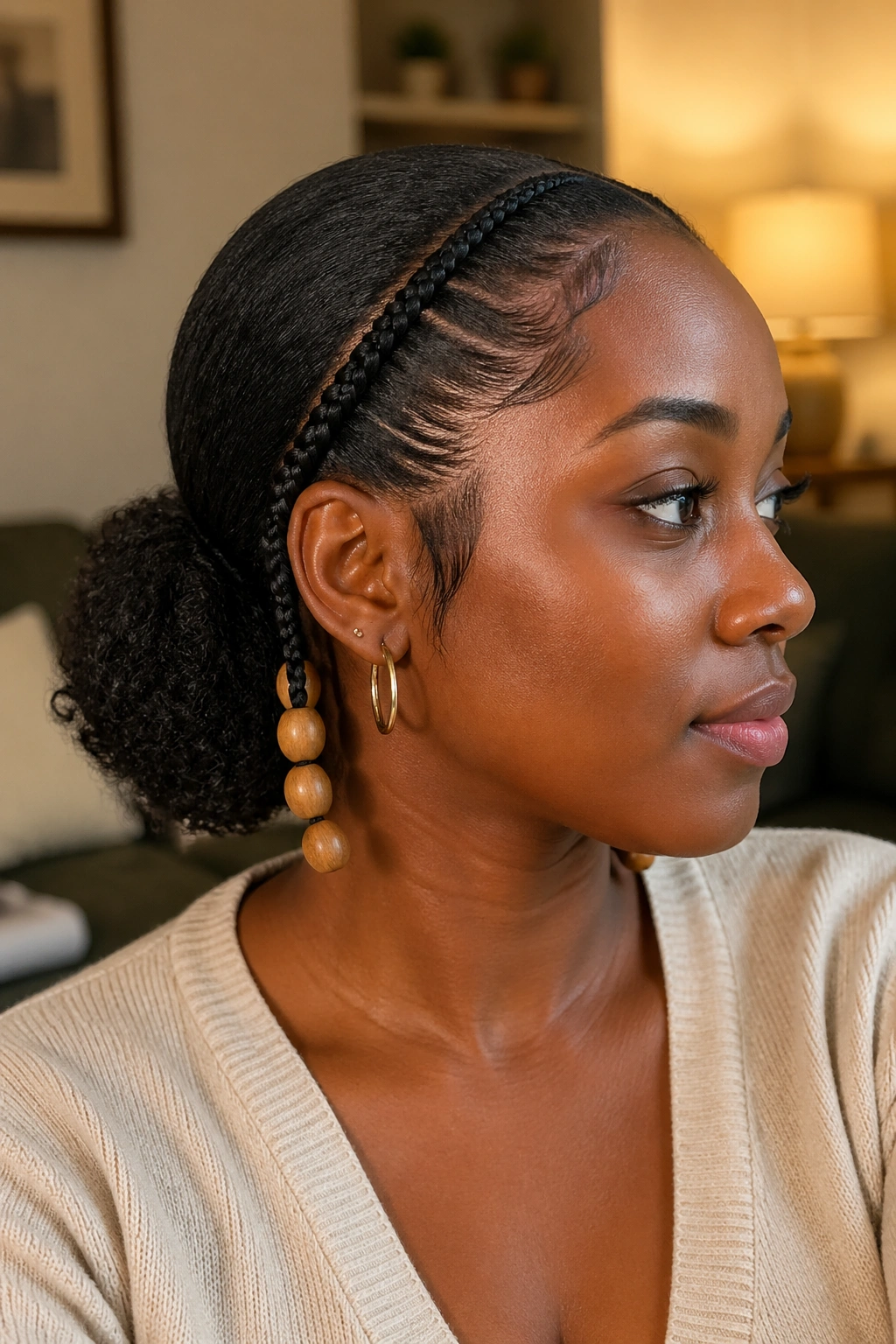 Close-up of a real woman with Low Puff and Wooden Beads showing a calm, framed puff.