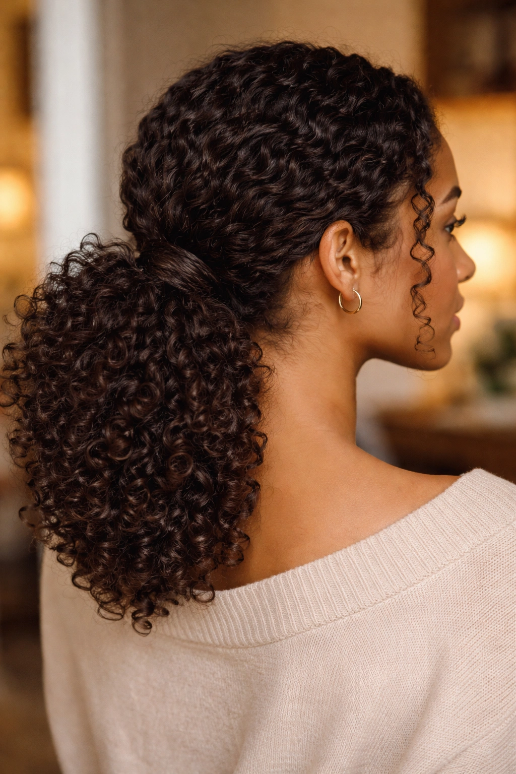 Close-up of a low puff ponytail with wrapped base at the nape