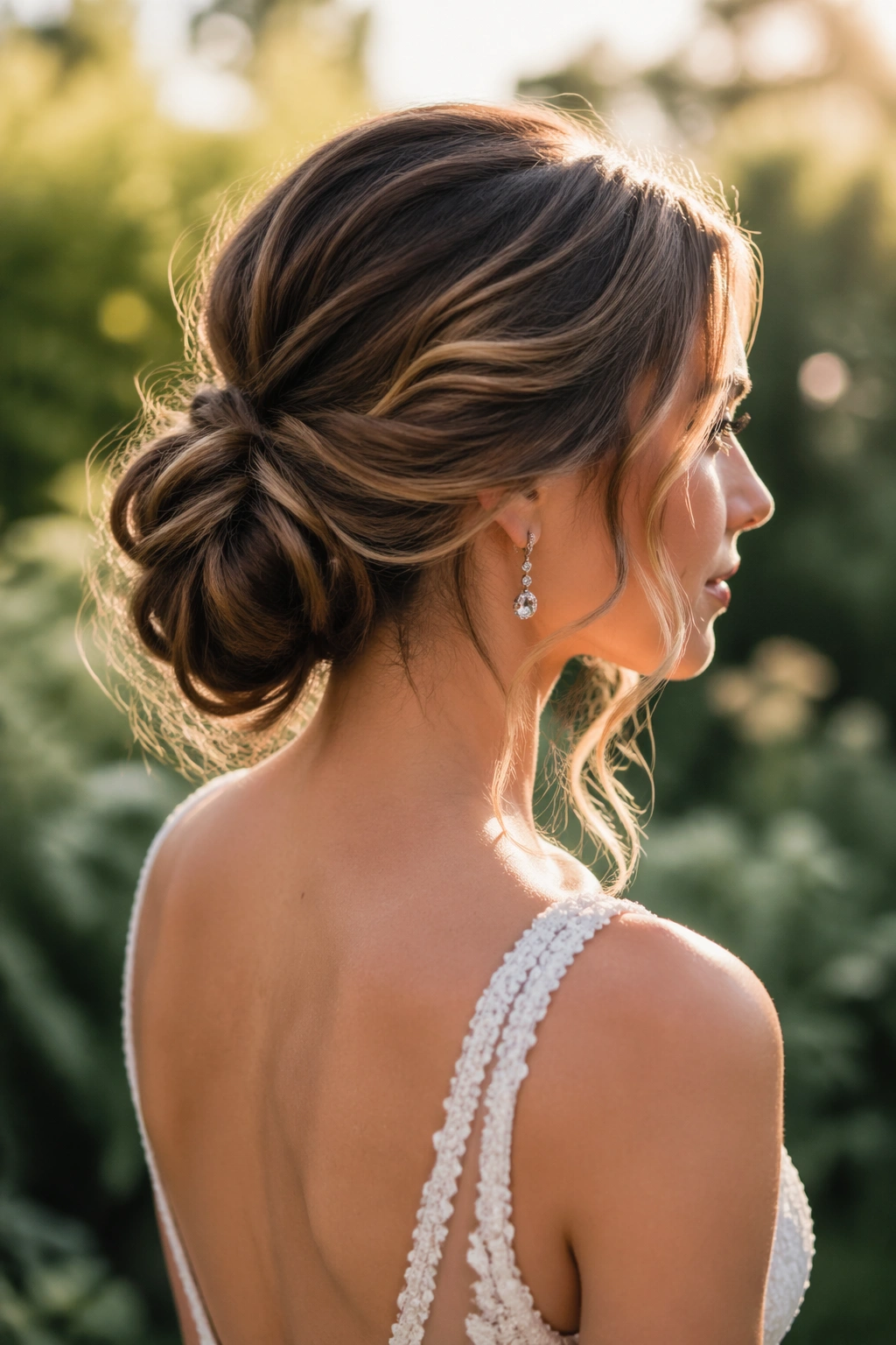 Side profile of low romantic wave bun in garden light