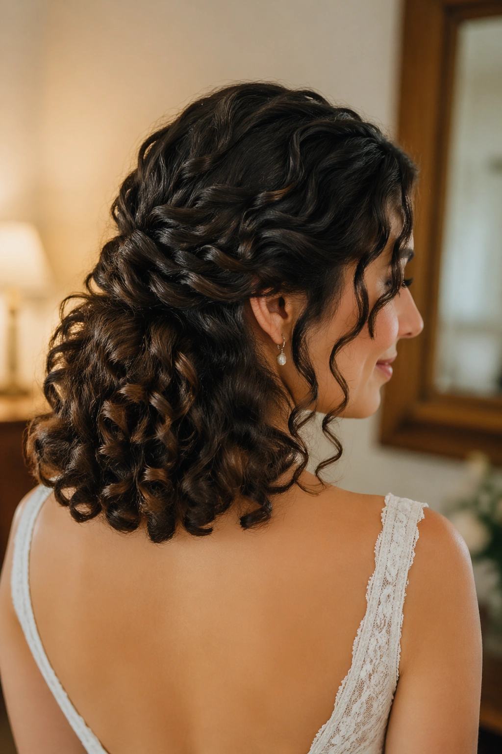 Close-up portrait of a real woman with a low-set twist and shoulder-grazing curls