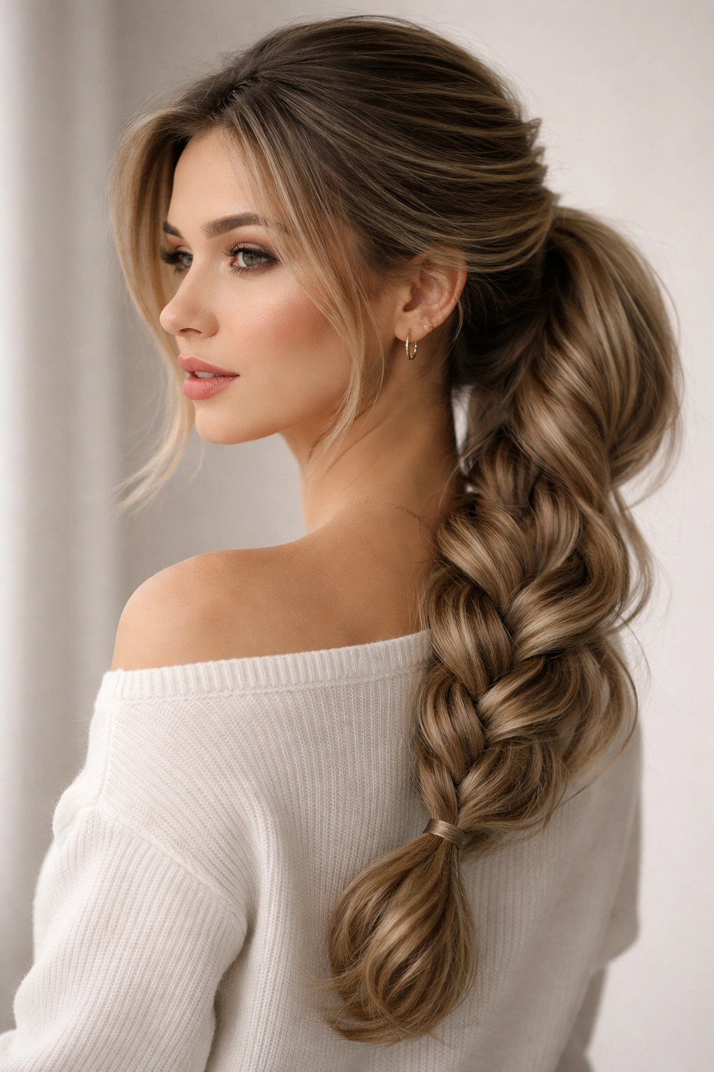Close-up of a soft low side braid ponytail resting over the shoulder showing fullness