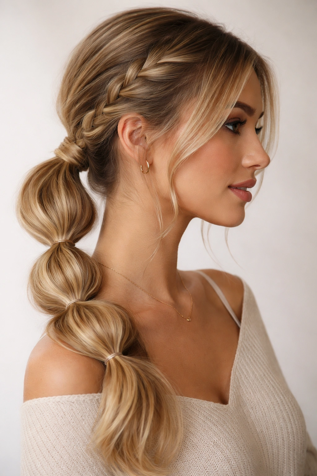 Side profile of low side bubble braid ponytail with bubbles over shoulder
