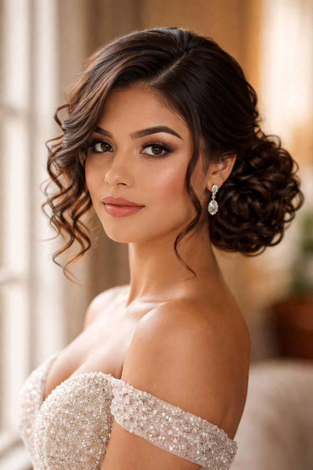 Close-up of a real woman's curly hair styled in a low side bun with a deep part