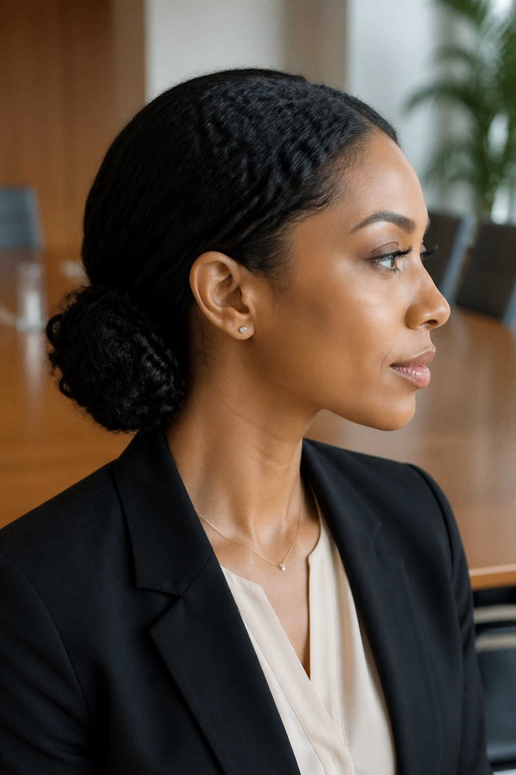 Real person with a low side bun in a professional setting