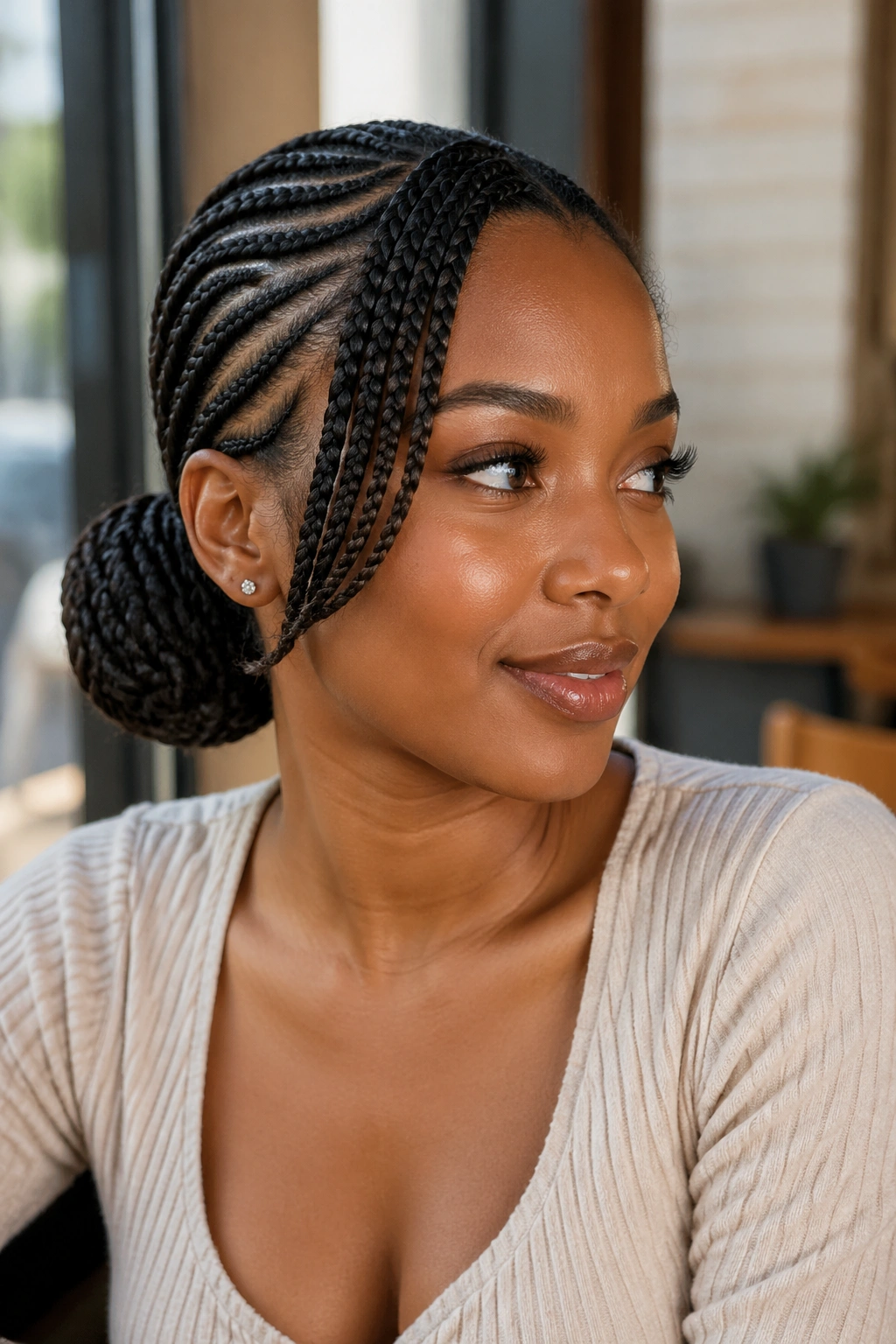 Real woman with a low side bun and swooped bang