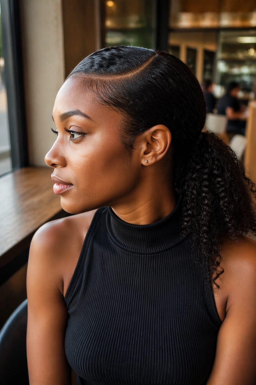 Side-profile of a real woman with a low side-part ponytail