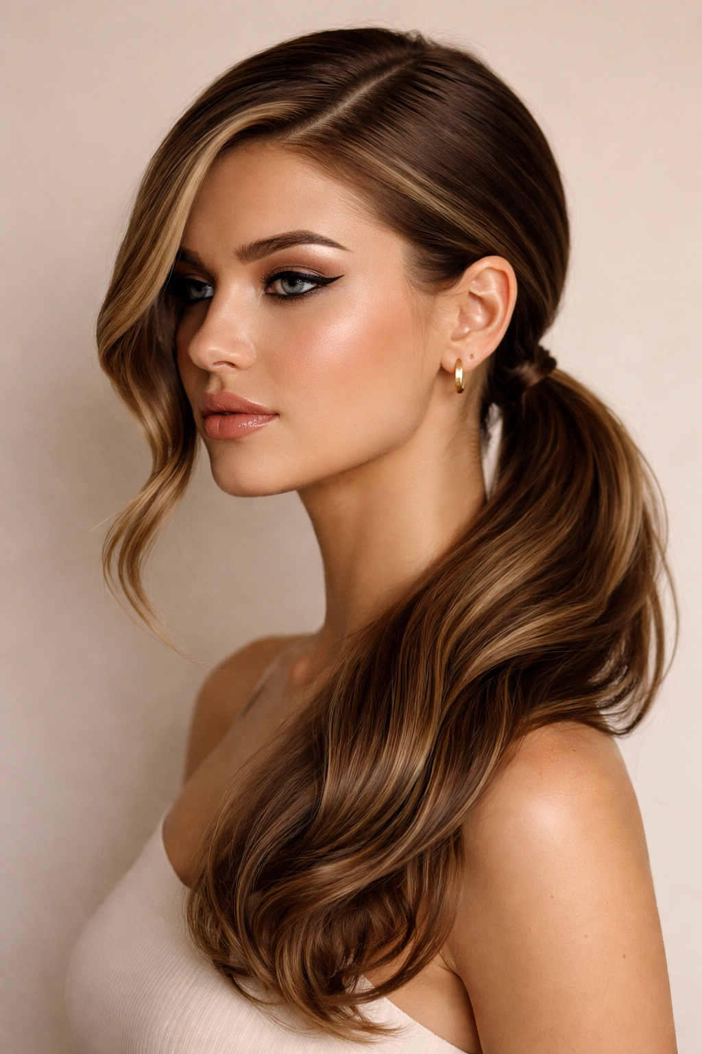 Side profile of low-side ponytail with deep part and glossy finish.