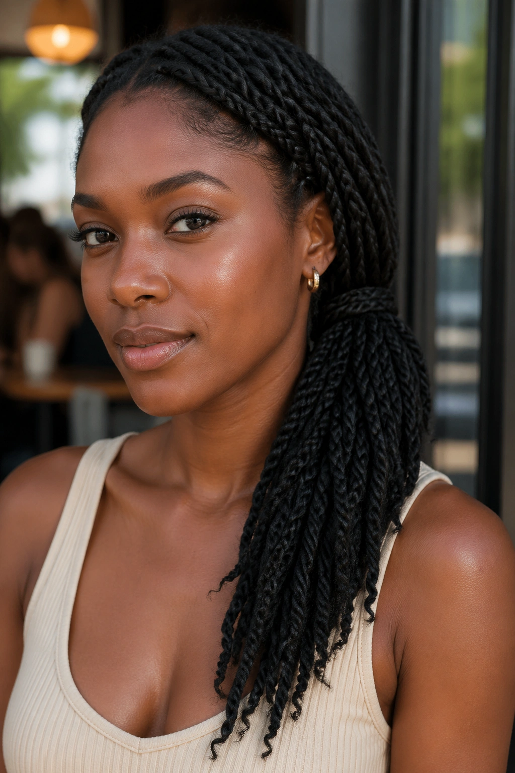 Close-up portrait of a woman with twists in a low side pony.