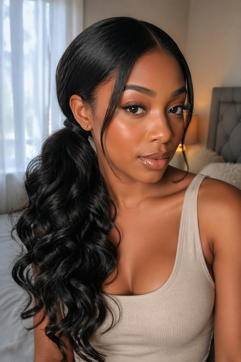 Close-up of a real woman wearing a low side ponytail with soft curls