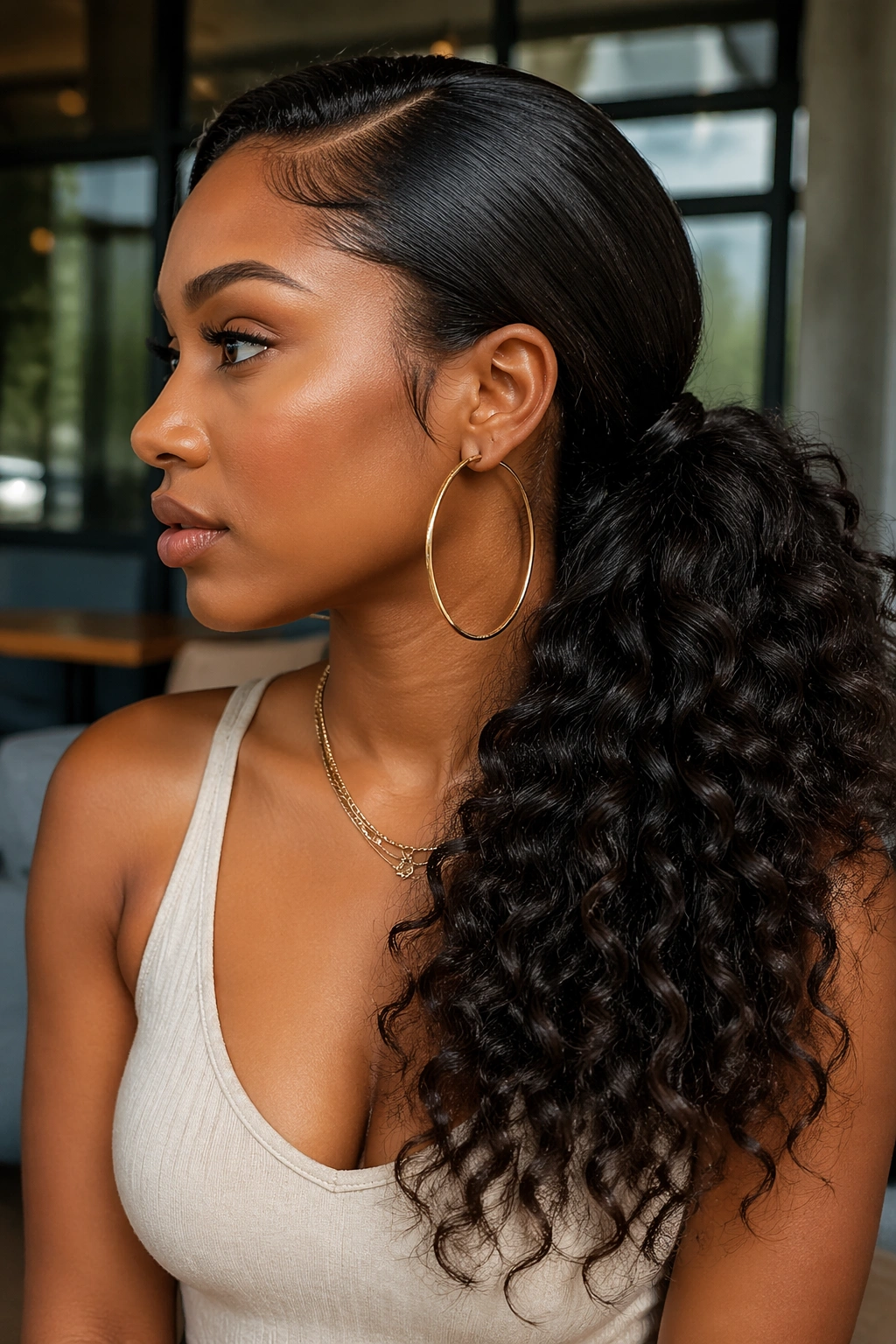 Side profile of a real woman with a deep-part low side ponytail.