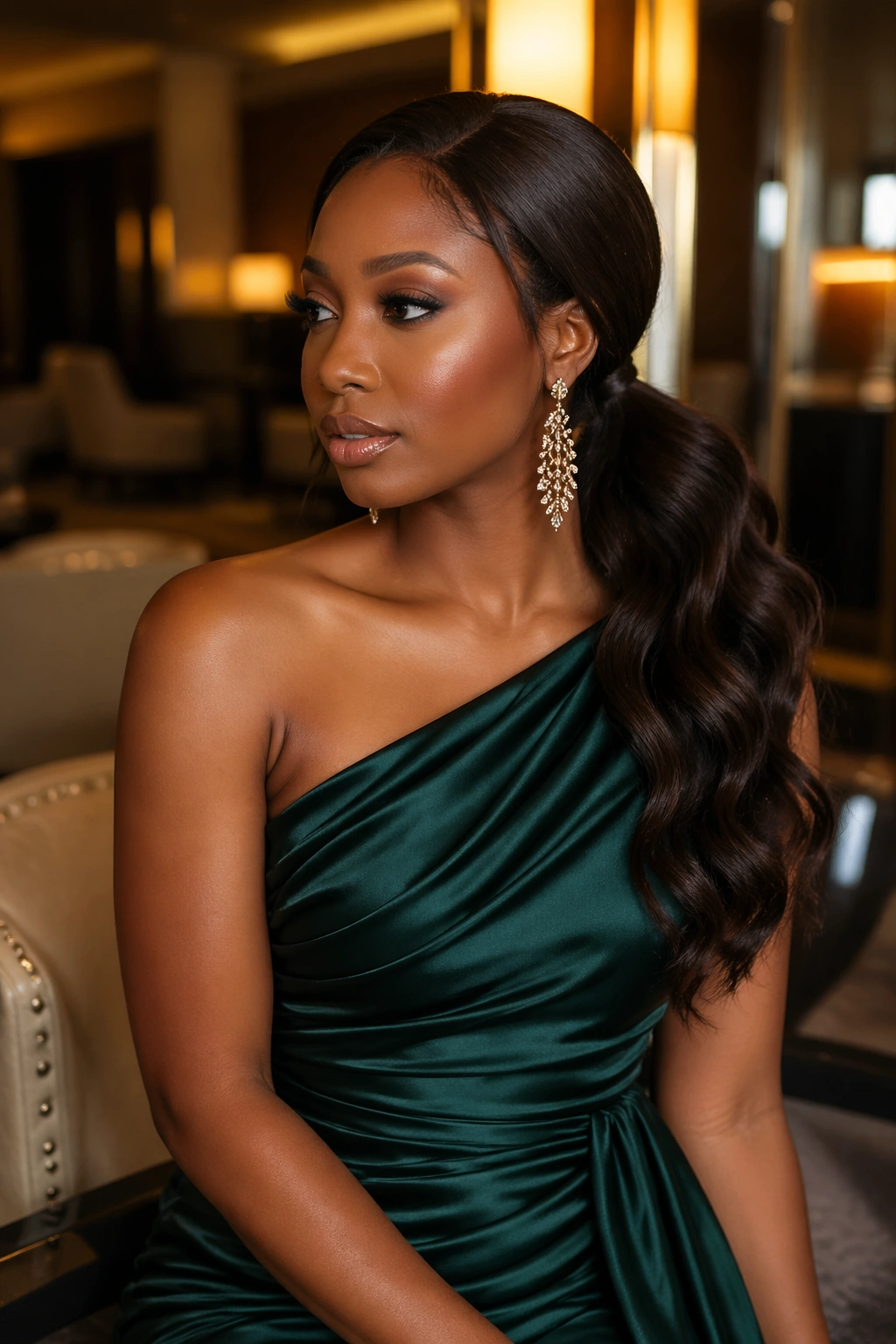 Three-quarter view of a real Black woman with a low side ponytail sweeping over one shoulder