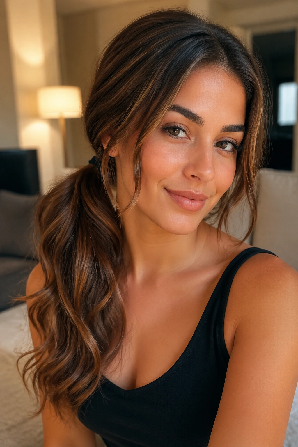 Woman with a low side ponytail and loose front waves