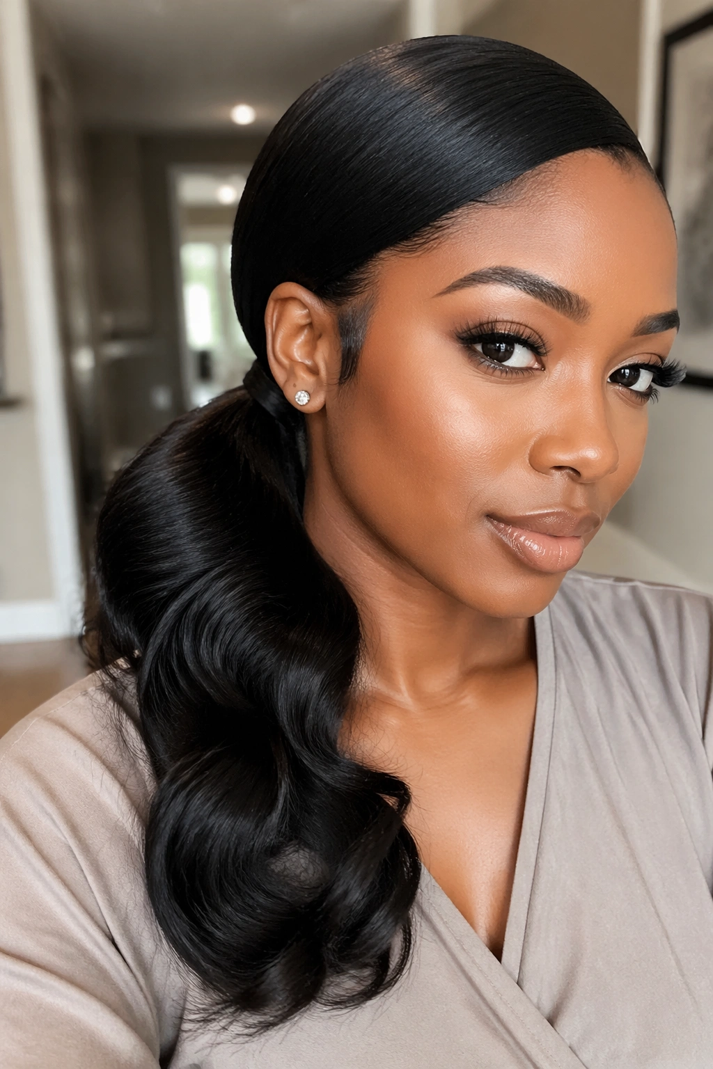 Close-up of a real woman with a low side ponytail in a hallway