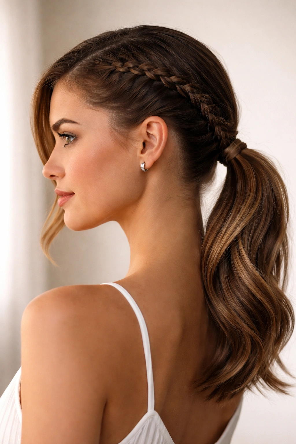 Low side stitch braid ponytail behind the ear