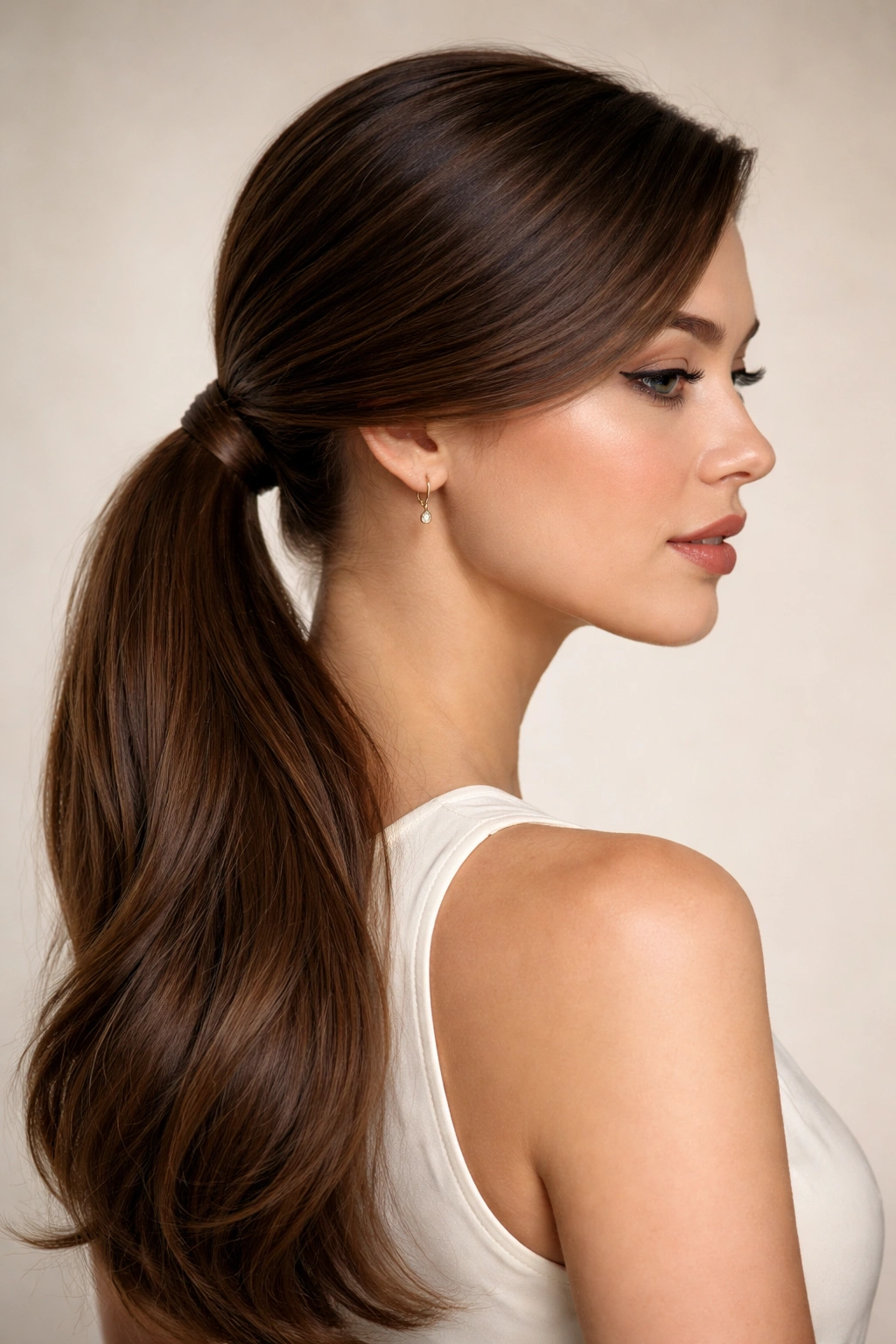 Side-profile of a model with a deep part swept to one side into a low ponytail.
