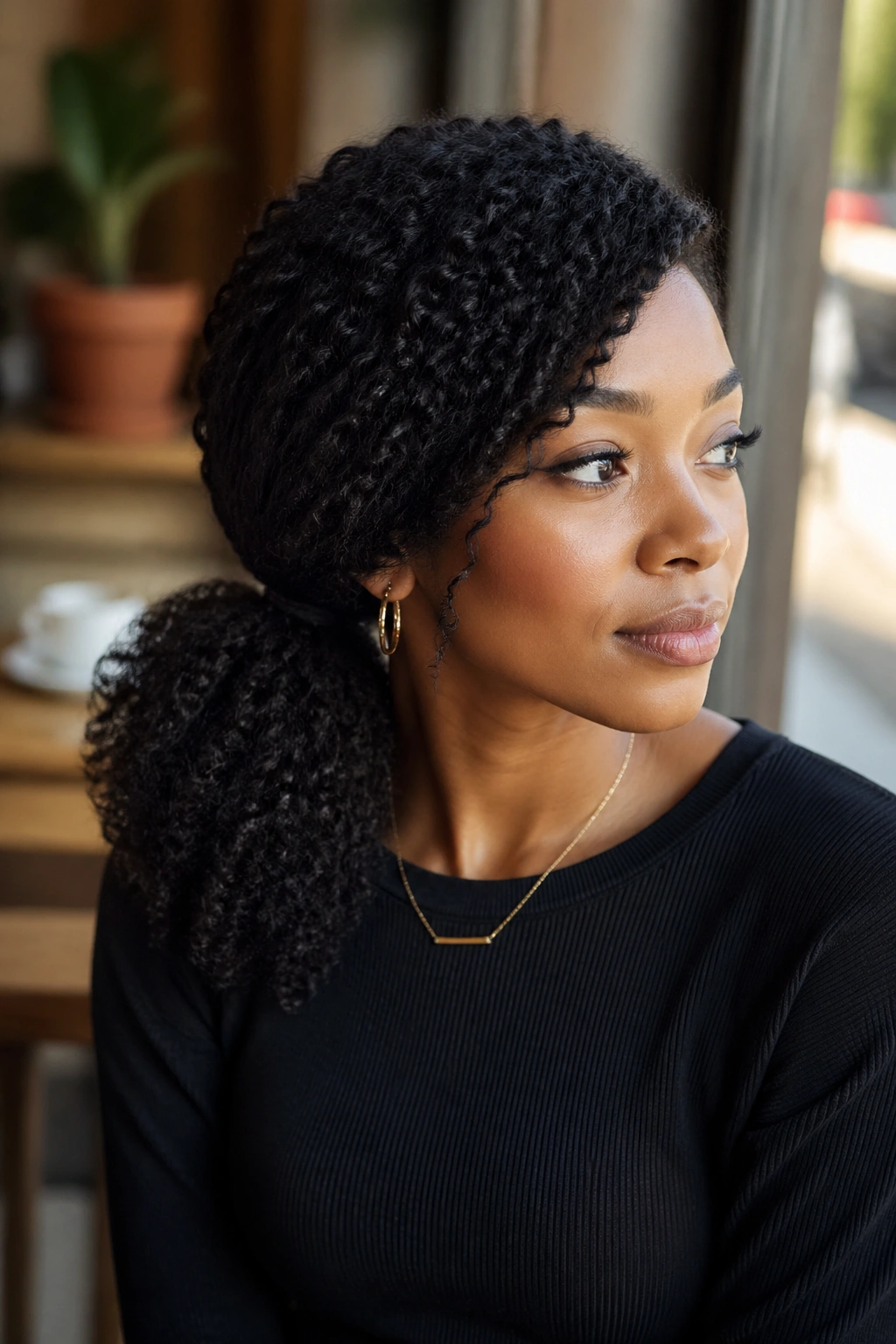 Close-up of a real woman with a low side-swept pony showing curl pattern
